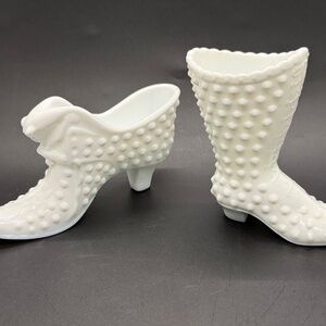 Fenton White Milk Glass Hobnail Shoe Slipper Cat Head & Laced Boot